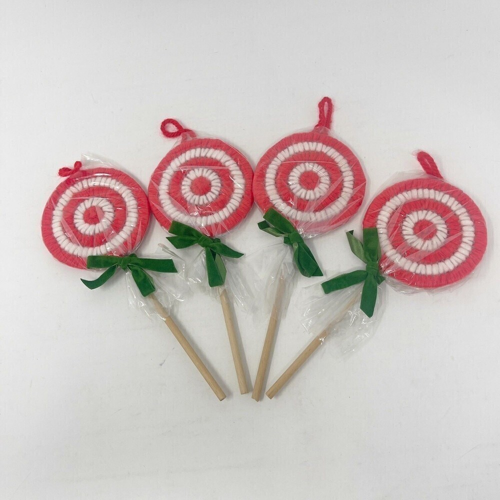 Vintage‎ Handmade Plastic Yarn Christmas Ornament Lot Of 4 Lollipop Sucker 7.5”